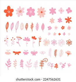 Collecion of vector cute flowers. Pink branches, butterflies and other for spring design.