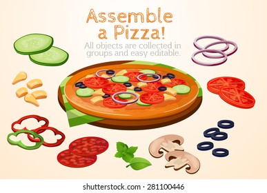 collect, assemble, fast food, Pizza, Italian, ingredients, toppings