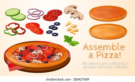 collect, assemble, fast food, Pizza, Italian, ingredients, toppings