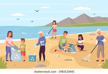 Collect Beach Garbage. Parents With Children Clean Seashore From Trash, People Ecologic Activity, Volunteers Teamwork Caring Nature, Ocean Pollution Protection. Save The Earth Vector Concept