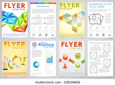 Collect Business Flyers Design with Triangle Pattern, Icons and Options. Vector Template.
