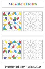 Collect the correct sequence of elements. Mosaic circles divided into three parts