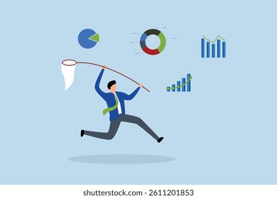 Collect data, businessman catch data graph and chart with butterfly net.