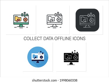 Collect data offline icons set.Apps include forms are created online,can filled without internet access. Customer data.Collection of icons in linear, filled, color styles.Isolated vector illustrations