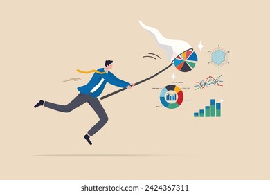 Collect data, statistics or datum diagram, information, research and analysis info, data consolidation, clensing or big data process concept, businessman catch data graph and chart with butterfly net.