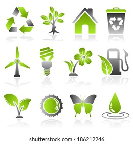 Collect Environment Icon with Tree, Leaf, Light Bulb, Recycling Symbol, vector isolated on white background