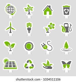 Collect Environment Icons Sticker Set with Tree, Leaf, Light Bulb, Recycling Symbol. Vector in two colours illustration