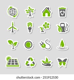 Collect Environment Icons Sticker Set with Tree, Leaf, Light Bulb, Recycling Symbol. Vector in two colours.