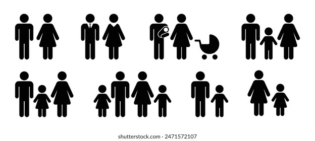 Collect family silhouettes. Set of silhouettes of people. Set of people icons in black and white – man, woman and child.