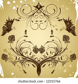 Collect flower border on grunge background with butterfly, element for design, vector illustration