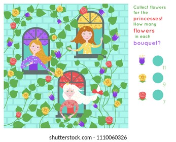 Collect flowers for the princesses 
who live in the castle. How many flowers in each bouquet? Study of colors. Educational mathematical children game.