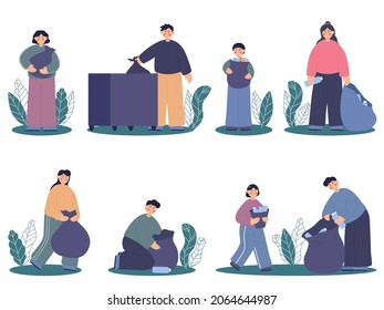 Collect garbage characters. Cleaning city, man woman with bags for waste. People cleaning environment nature. Isolated
