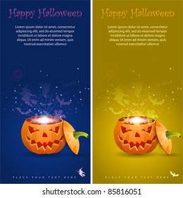 Collect Greeting Card Halloween with evil spirits emitted from a pumpkin, eps10 vector illustration
