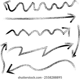 Collect hand drawn arrows. Simple sign set isolated on white background. Abstract different brush arrows. Black arrows doodle drawing PNG hand drawn arrows isolated