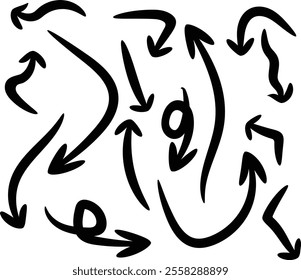 Collect hand drawn arrows. Simple sign set isolated on white background. Abstract different brush arrows. Black arrows doodle drawing PNG hand drawn arrows isolated