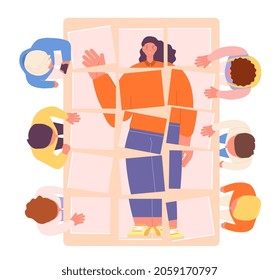 Collect ideal employee. Recruitment, team looking worker. People stand at desk and fold cut photo parts. Hr managers working utter vector concept