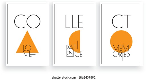 Collect love, patience, memories, vector. Scandinavian minimalist three pieces poster design in frame. Motivational, inspirational, life quote. Positive thoughts, affirmations. Wall art, artwork