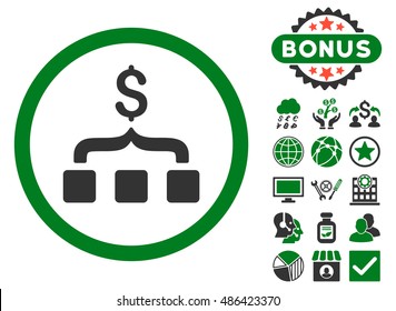 Collect Money icon with bonus images. Vector illustration style is flat iconic bicolor symbols, green and gray colors, white background.