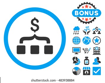 Collect Money icon with bonus pictures. Vector illustration style is flat iconic bicolor symbols, blue and gray colors, white background.