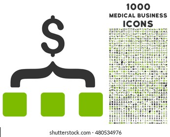 Collect Money vector bicolor icon with 1000 medical business icons. Set style is flat pictograms, eco green and gray colors, white background.