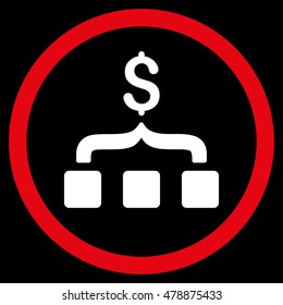 Collect Money vector bicolor rounded icon. Image style is a flat icon symbol inside a circle, red and white colors, black background.