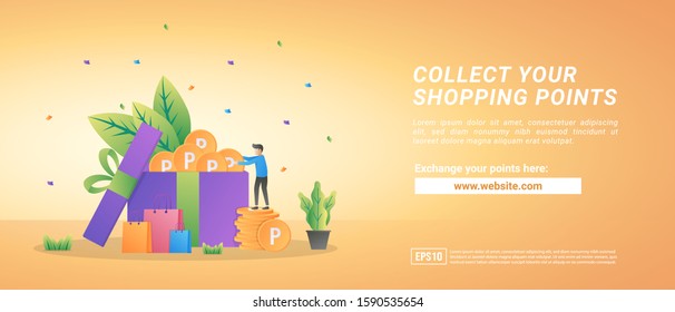 Collect online shopping points. Swap points for vouchers. Reward program for loyal customers. Suitable for web landing page, marketing, advertising, promotion, banner. Vector illustration