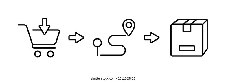 collect orders, order cart, delivery services steps, receive order in pick up point, items ordered. E-commerce business concept. Simple line icon vector design.