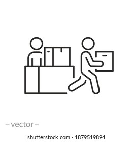 collect and pick up order icon, package or box courier delivery, receive desk, place issue here, thin line symbol on white background - editable stroke vector illustration eps10