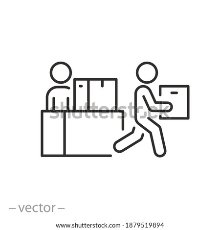collect and pick up order icon, package or box courier delivery, receive desk, place issue here, thin line symbol on white background - editable stroke vector illustration eps10