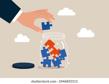 Collect puzzle into Huge Glass Jar. Collaborate, cooperate or partnership and agreement to help business success.Vector illustration concept.