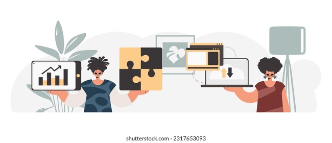 A collect of SEO aces. Synchronization and security of data capacity concept. Trendy style, Vector Illustration