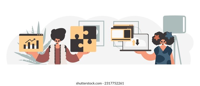 A collect of SEO masters. Synchronization and security of data capacity concept. Trendy style, Vector Illustration