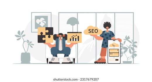 Una colección de profesionales de SEO. Sincronización y seguridad del concepto de capacidad de información. Estilo de moda, Ilustración vectorial