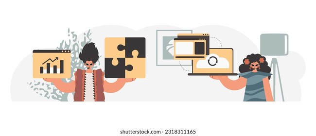 Una colección de profesionales de SEO. Sincronización y seguridad del concepto de capacidad de información. Estilo de moda, Ilustración vectorial