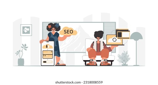 A collect of SEO stars. Synchronization and security of data capacity concept. Trendy style, Vector Illustration