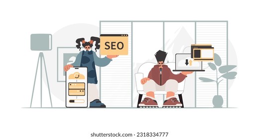 A collect of SEO stars. Synchronization and security of information capacity concept. Trendy style, Vector Illustration