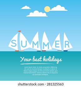 Collect of six yachts on the summer sea with lettering on sails. Flat modern vector illustration and design element. Summer time landscape, warm days on the water. Skyline sea or ocean. Place for text