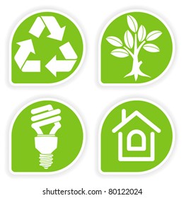 Collect sticker with environment icon, tree, leaf, light bulb and Recycling Symbol, vector illustration