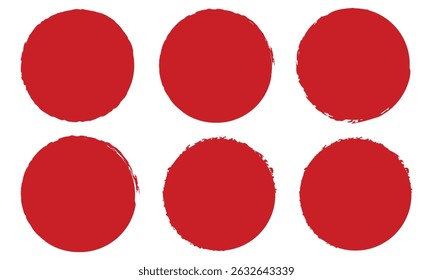 Collect of vector red brush circles. Stamp grungy red ink blobs, splashes. Abstract watercolor. Vector stock. Hand drawn grunge shapes set on white background.