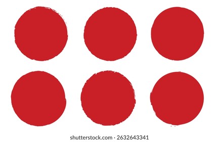Verzamel vectorrode borstelcirkels. Stempel grungy rode inkt blobs, spatten. Abstracte aquarel. Vectorbestand. Hand getekende grunge vormen ingesteld op witte achtergrond.