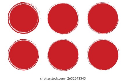 Collect of vector red brush circles. Stamp grungy red ink blobs, splashes. Abstract watercolor. Vector stock. Hand drawn grunge shapes set on white background.