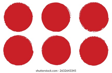 Verzamel vectorrode borstelcirkels. Stempel grungy rode inkt blobs, spatten. Abstracte aquarel. Vectorbestand. Hand getekende grunge vormen ingesteld op witte achtergrond.