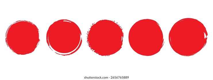 Coleta de círculos de pincel vermelho vetorial. Carimbar bolhas de tinta vermelha grungy, salpicos. Aquarela abstrata. Estoque vetorial
