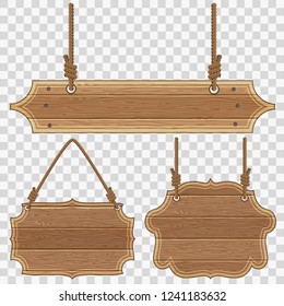 Collect Wooden Board Frames with Ropes and Knots. Vector illustration isolated on transparent background