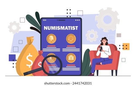 Collectible coins numismatics concept. Woman with magnifyng glass evaluate coins in bags. Treasure and rare cash. Antique international money. Mobile application. Cartoon flat vector illustration