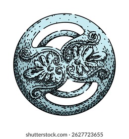collectible ornate metal button hand drawn. fashion accessory, craft sewing, embellish intricate collectible ornate metal button vector sketch. isolated color illustration