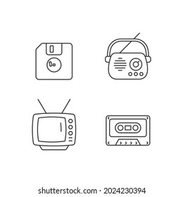 Collectible vintage stuff linear icons set. Floppy disk. Antique radio. TV model. Tape cassette. Customizable thin line contour symbols. Isolated vector outline illustrations. Editable stroke