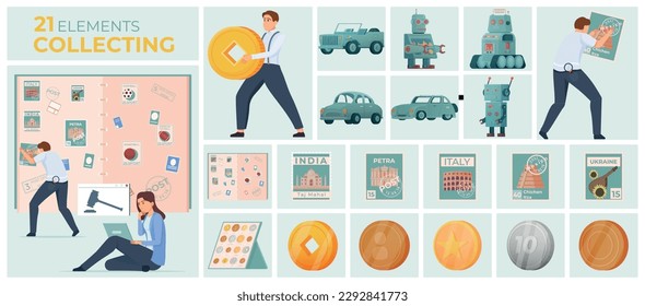 Collectibles hobby flat composition set golden silver coins different postage stamps cars vector illustration