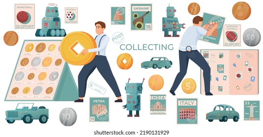 Collectibles Hobby Flat Icon Set Collecting Coins Rare Cars Stamps And Sports Cards Vector Illustration