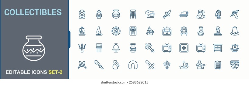 Collectibles icons set. It contains symbols to history, antique, old, vintage, fossil and more. Web icons. Editable vector stroke.